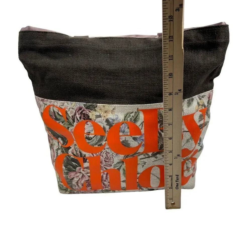 See By Chloé Floral Canvas Casual Style Logo Beige Brown and Purple Tote Bag